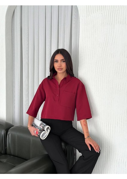 Crop Yakalı Gömlek Üç Çeyrek Sleeve Kol - Bordo