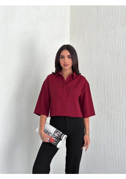 Crop Yakalı Gömlek Üç Çeyrek Sleeve Kol - Bordo