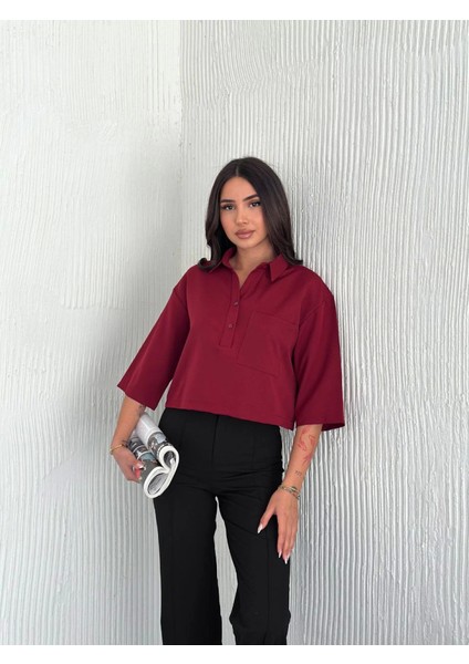 Crop Yakalı Gömlek Üç Çeyrek Sleeve Kol - Bordo