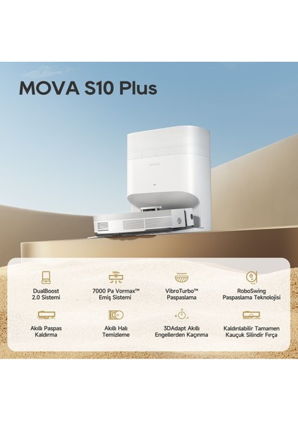 Mova S10 Plus Robot Süpürge, 7,000PA Vormax™ Emiş, Yükseltilebilir Tam Kauçuk Silindirik Fırça