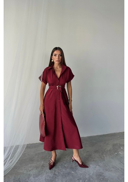 Miracotton Önden Düğmeli Crushlı Modal Elbise - Bordo fiyatları