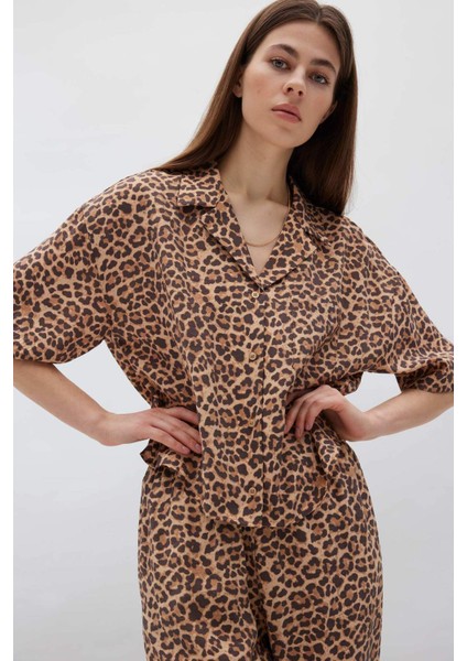 Loose Fit Leopar Desenli Modal Kısa Kollu Gömlek F0879AX25SM
