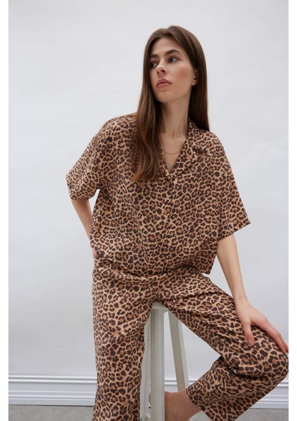 Loose Fit Leopar Desenli Modal Kısa Kollu Gömlek F0879AX25SM