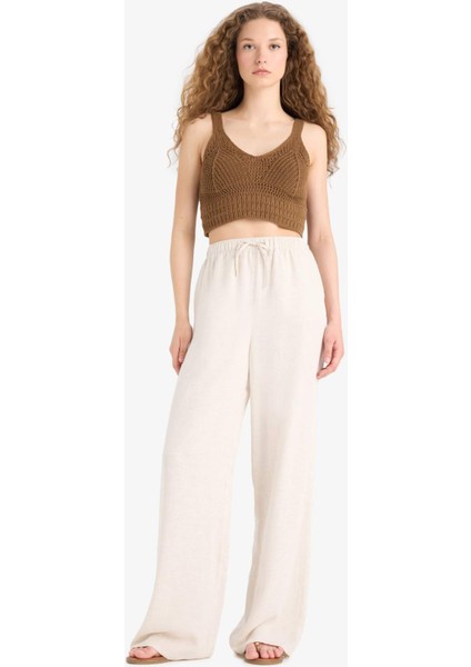 Wide Leg Cepli Yüksek Bel Standart Boy Keten Karışımlı Pantolon F5024AX25SP
