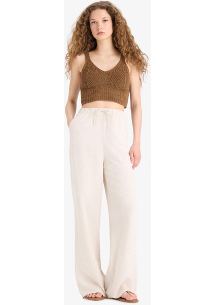 Wide Leg Cepli Yüksek Bel Standart Boy Keten Karışımlı Pantolon F5024AX25SP