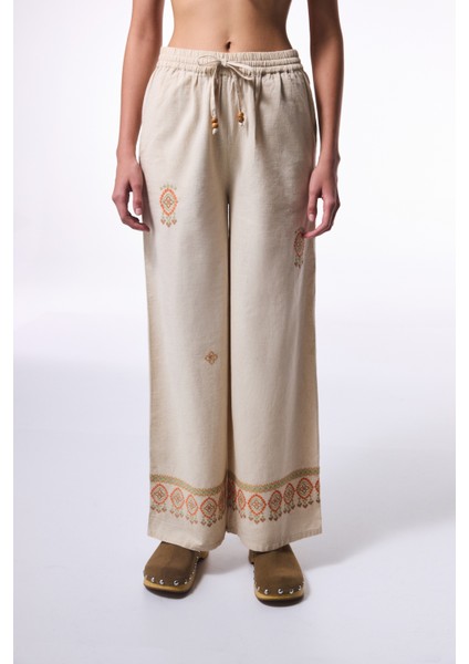 Bej Boho Keten Pantolon