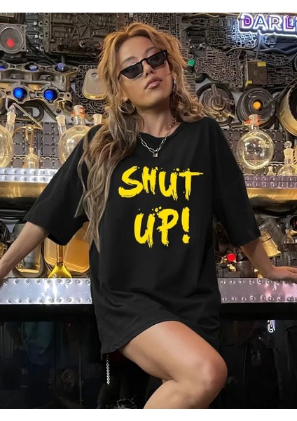 Baskılı Oversize Bisiklet Yaka T-Shirt - Siyah