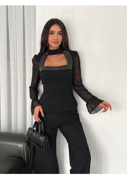 Kolları Şifon Göğüste Inci Boncuk Detaylı Bluz - Siyah fırsatları