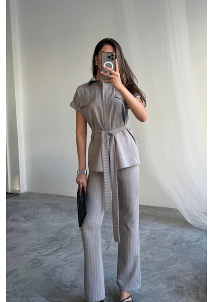 Çizgili Polyviskon Bluz - Pantolon Takım - Gri