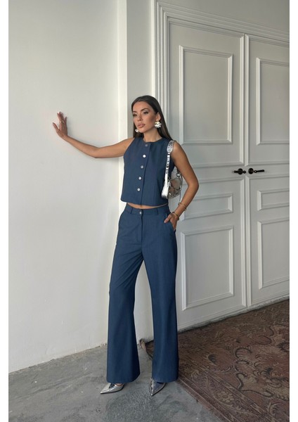 Tencel Kolsuz Gömlek - Pantolon Takım - Indigo