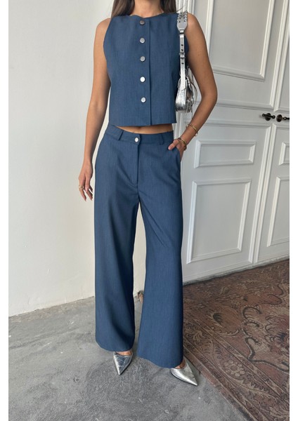 Tencel Kolsuz Gömlek - Pantolon Takım - Indigo