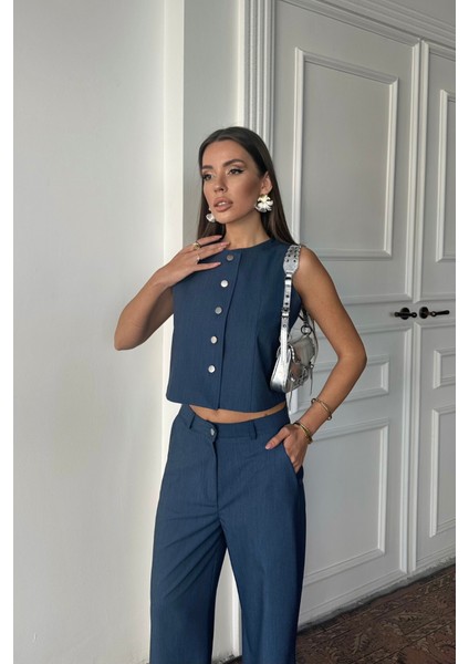 Tencel Kolsuz Gömlek - Pantolon Takım - Indigo