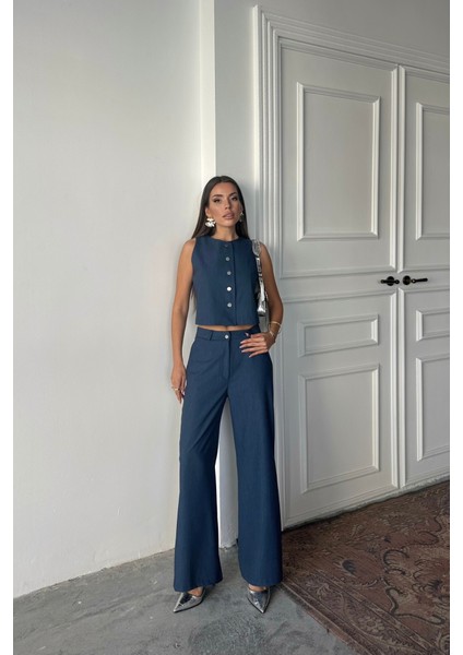 Tencel Kolsuz Gömlek - Pantolon Takım - Indigo