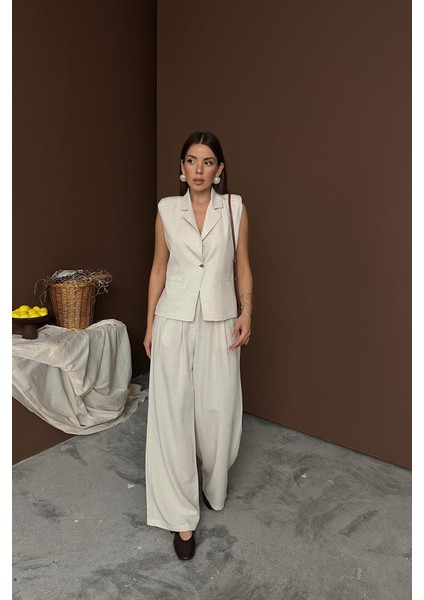 Bej Keten Yelek Pantolon Takım