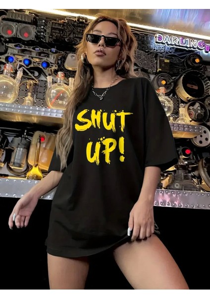 Baskılı Oversize Bisiklet Yaka T-Shirt - Siyah