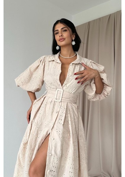 Bej Pileli Balkon Elbise modelleri