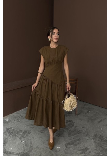 Kahverengi Büzgü Detaylı Keten Elbise