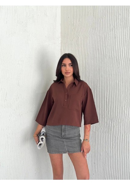 Crop Yakalı Gömlek Üç Çeyrek Sleeve Kol - Kahverengi