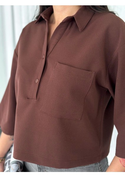 Crop Yakalı Gömlek Üç Çeyrek Sleeve Kol - Kahverengi