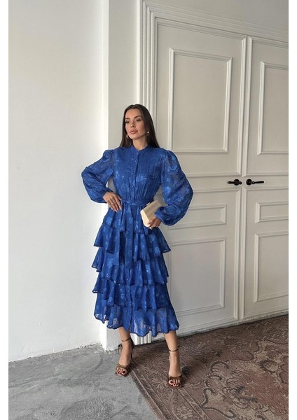 Saks Valonlu Şeritli Kat Kat Elbise