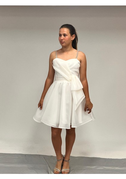 Kız Çocuk Abiye Beyaz Taş Kordon Askılı Kalp Yaka kısa Yandan Kendinden Kuşak Detaylı Şifon Abiye Elbise 10-15 Yaş modelleri