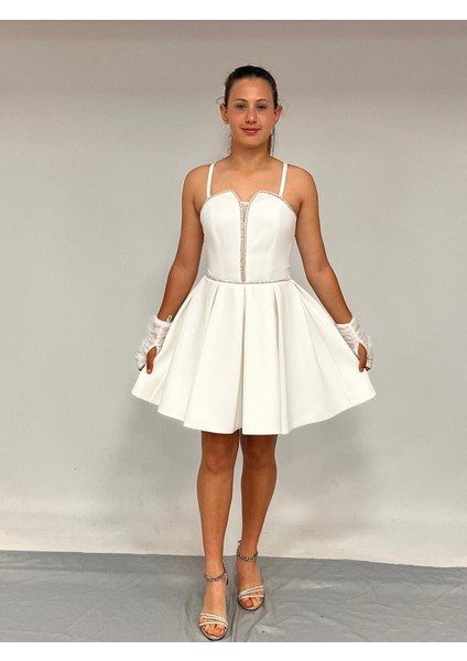 Kız Çocuk Abiye Ekru Krep Kumaş Askılı Kordon Taş Detaylı Illüzyon Yakatül Eldivenli Abiye Elbise 10-15 Yaş