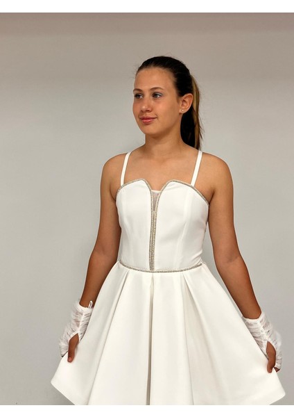 Kız Çocuk Abiye Ekru Krep Kumaş Askılı Kordon Taş Detaylı Illüzyon Yakatül Eldivenli Abiye Elbise 10-15 Yaş fiyatları