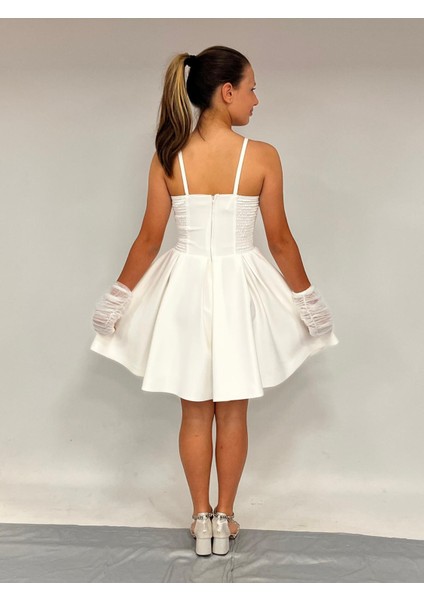 Kız Çocuk Abiye Ekru Krep Kumaş Askılı Kordon Taş Detaylı Illüzyon Yakatül Eldivenli Abiye Elbise 10-15 Yaş modelleri