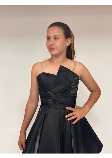 Kız Çocuk Abiye Askılı Kısa Siyah Asimetrik Yaka Kordon Taş Askılı Kanilla Abiye ELBISE10-15 Yaş fiyatları