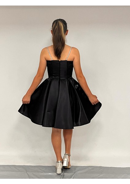 Kız Çocuk Abiye Askılı Kısa Siyah Asimetrik Yaka Kordon Taş Askılı Kanilla Abiye ELBISE10-15 Yaş modelleri