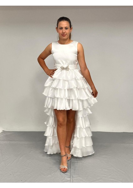 Kız Çocuk Abiye Kat Kat Kuyruklu Beyaz Parlak Saten Kuşaklı Abiye Elbise 7-15 Yaş