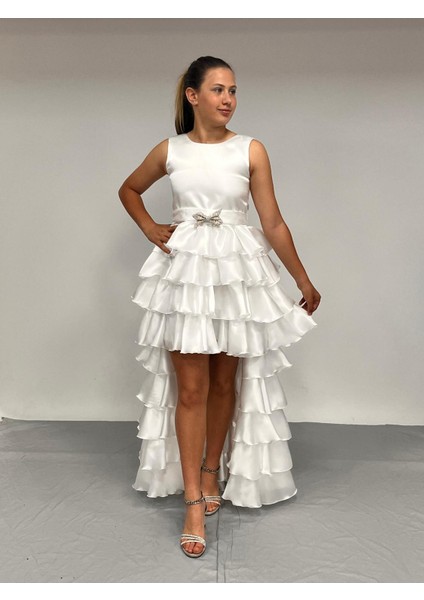 Kız Çocuk Abiye Kat Kat Kuyruklu Beyaz Parlak Saten Kuşaklı Abiye Elbise 7-15 Yaş fiyatları