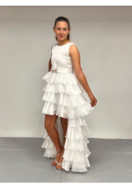 Kız Çocuk Abiye Kat Kat Kuyruklu Beyaz Parlak Saten Kuşaklı Abiye Elbise 7-15 Yaş modelleri