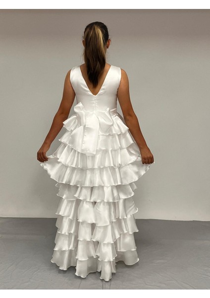 Kız Çocuk Abiye Kat Kat Kuyruklu Beyaz Parlak Saten Kuşaklı Abiye Elbise 7-15 Yaş fırsatları