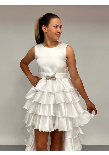 Kız Çocuk Abiye Kat Kat Kuyruklu Beyaz Parlak Saten Kuşaklı Abiye Elbise 7-15 Yaş indirimleri