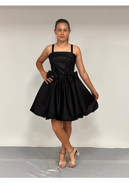 Kız Çocuk Abiye Siyah Askılı Balon Etek Çıkabilen Fiyonk Detaylı kısa Abiye Elbise 10-15 Yaş