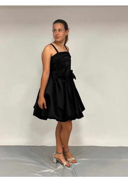 Kız Çocuk Abiye Siyah Askılı Balon Etek Çıkabilen Fiyonk Detaylı kısa Abiye Elbise 10-15 Yaş fiyatları