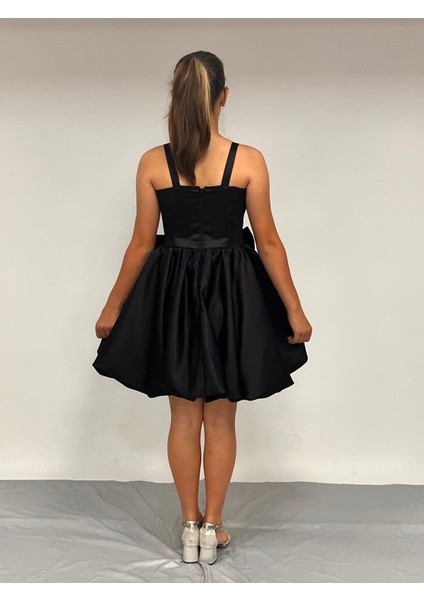 Kız Çocuk Abiye Siyah Askılı Balon Etek Çıkabilen Fiyonk Detaylı kısa Abiye Elbise 10-15 Yaş modelleri