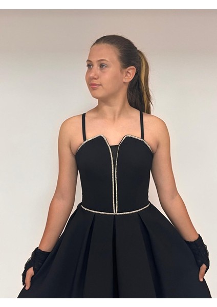 Kız Çocuk Abiye Siyah Krep Kumaş Askılı Kordon Taş Detaylı Illüzyon Yakatül Eldivenli Abiye Elbise 10-15 Yaş fiyatları