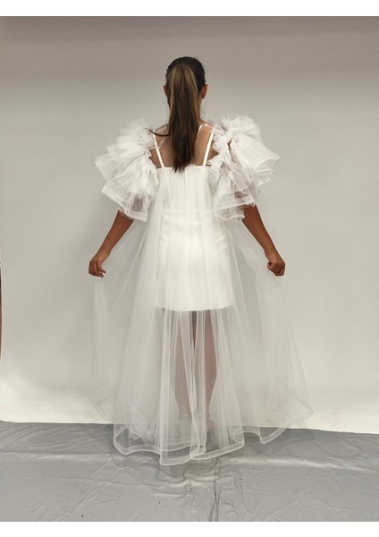 Kız Çocuk Abiye Krem Krep Kumaş Askılı Taş Şerit Işlemeli Kolları Farbalı Çıkabilen Pelerin Detaylı Illüzyon Yaka Abiye Elbise 10-15 Yaş fırsatları