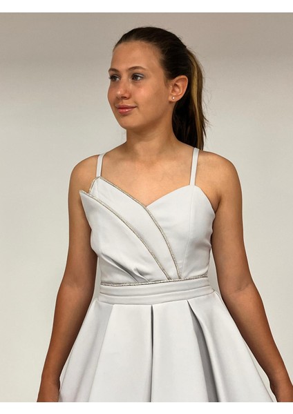 Kız Çocuk Abiye Kısa Gri Krep Kumaş Askılı Asimetrik Yaka Şerit Taş Detaylı Erkut Abiye Elbise 10-15 Yaş fırsatları