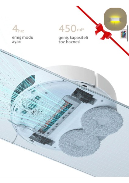 Hepa Filtre, Halı Tanıma, Çift Ped, 3D Engellerden Kaçınma, Basınçlı Paspas Özellikli Robot Süpürge