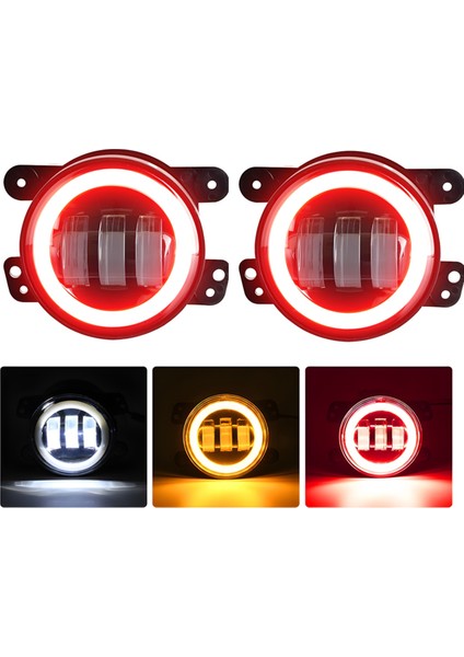 Jeep Wrangler Jk Için 4 Inç LED Sis Farları Halo Halka Çalışma Lambası, Kırmızı Gündüz Farı Sarı Dönüş Sinyali (Kırmızı + Sarı + Beyaz) (Yurt Dışından)