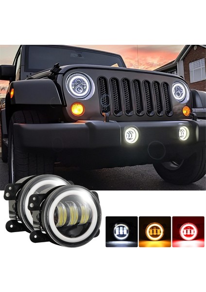 Jeep Wrangler Jk Için 4 Inç LED Sis Farları Halo Halka Çalışma Lambası, Kırmızı Gündüz Farı Sarı Dönüş Sinyali (Kırmızı + Sarı + Beyaz) (Yurt Dışından)