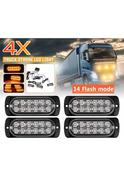 12V 24V Araba Uyarı Işığı Işaret Lambası Su Geçirmez 14 Mod 4X12LED (Yurt Dışından)