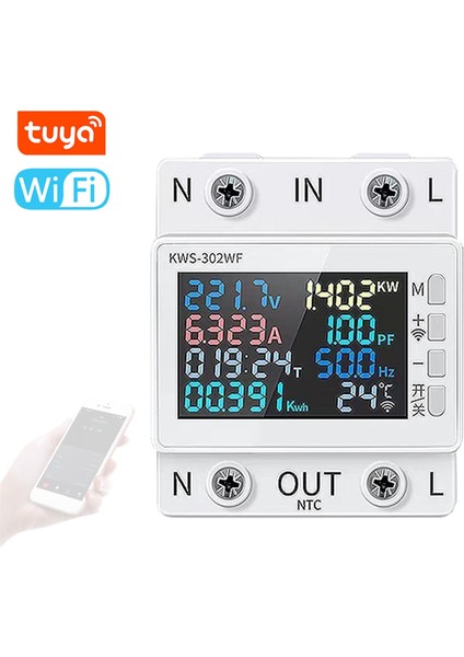 Tuya No Wifi Güç Ölçer Renkli Ekran 2p Çok Işlevli Ac Enerji Ölçer Cep Telefonu Uzaktan App Kontrolü 170-300V/63A -B (Yurt Dışından)