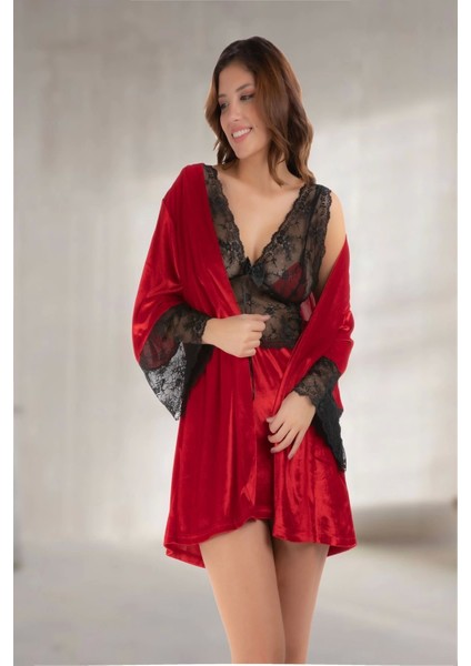 Yeni Sezon Rahat Zarif Kadın Büyüleyici Kırmızı Kadife Dantelli Sabahlık & Gecelik Takım 2'li Set fiyatları