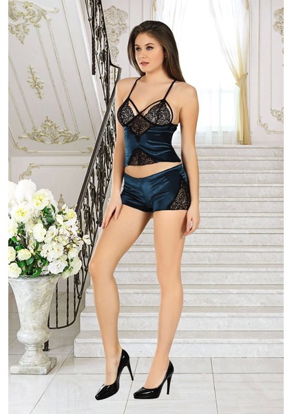 Yeni Sezon Rahat Zarif Büyüleyici Petrol Yeşili Kadife Dantelli Sabahlık & Gecelik Takım 3'lü Set indirimleri