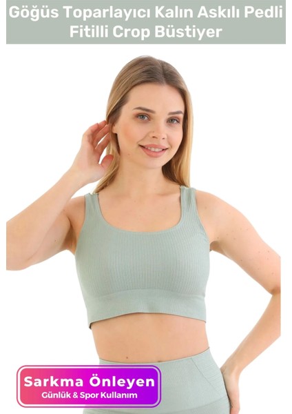 Premium Göğüs Toparlayıcı Sarkma Önleyen Spor Günlük Kalın Askılı Pedli Fitilli Crop Büstiyer