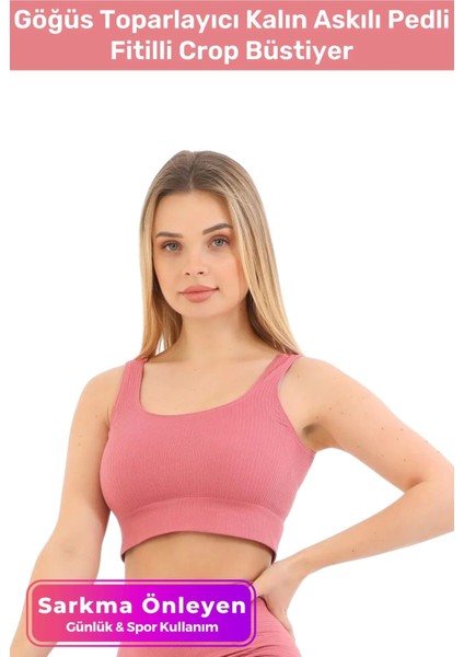 Premium Göğüs Toparlayıcı Sarkma Önleyen Spor Günlük Kalın Askılı Pedli Fitilli Crop Büstiyer